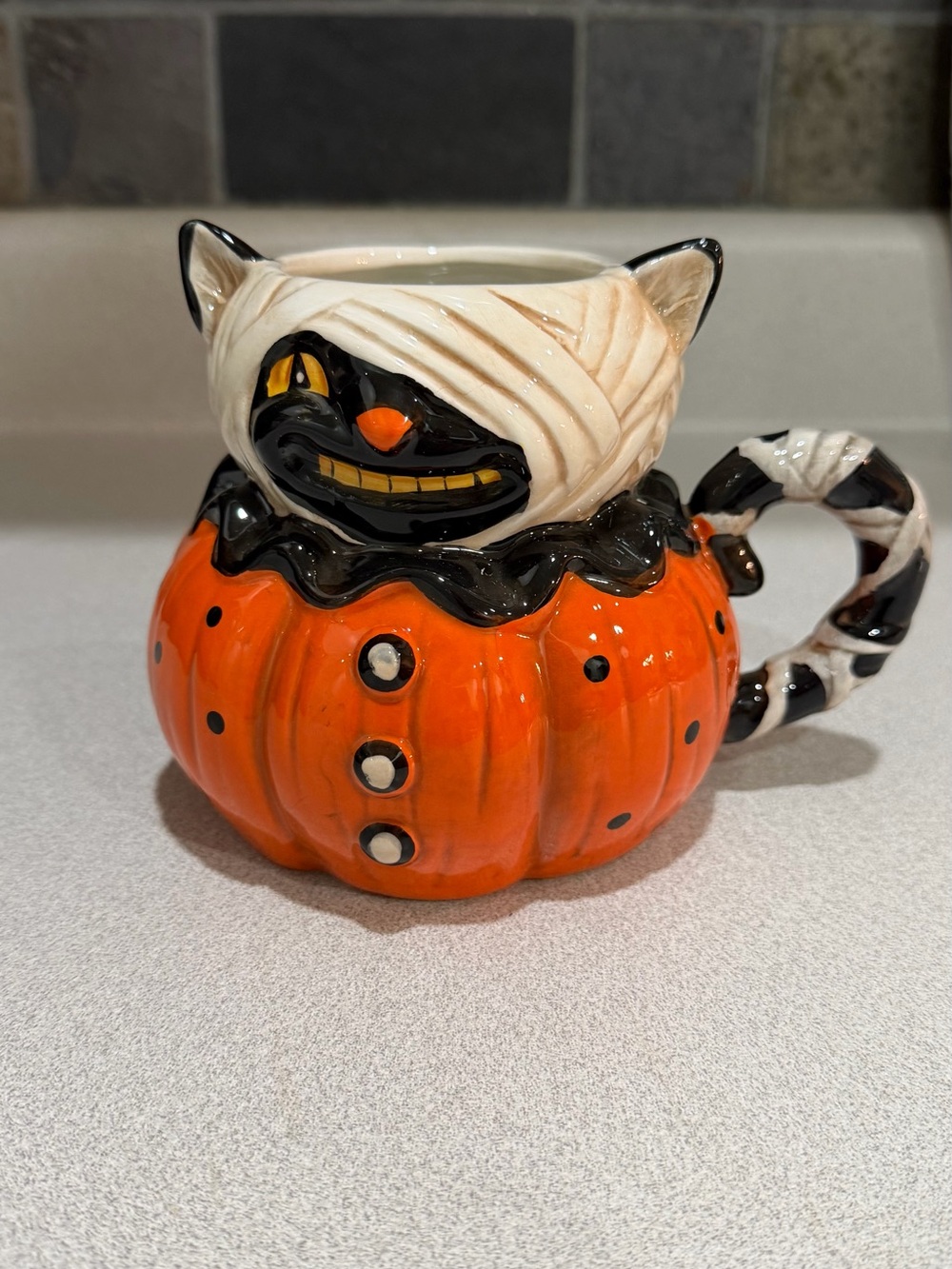 Johanna Parker Halloween Mummy Pumpkin Cat Ceramic Mug - Orange and Black New